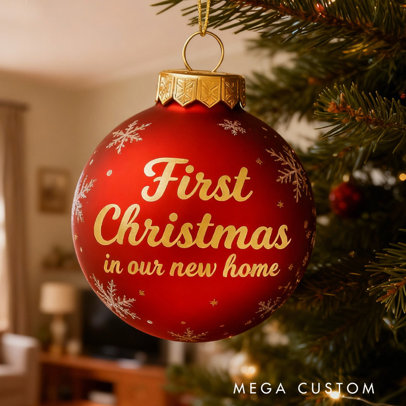 Personalized Christmas Ball Ornament First Christmas Ornament in Our New Home Red Holiday Decoration Custom Keepsake Gift for New Beginnings
