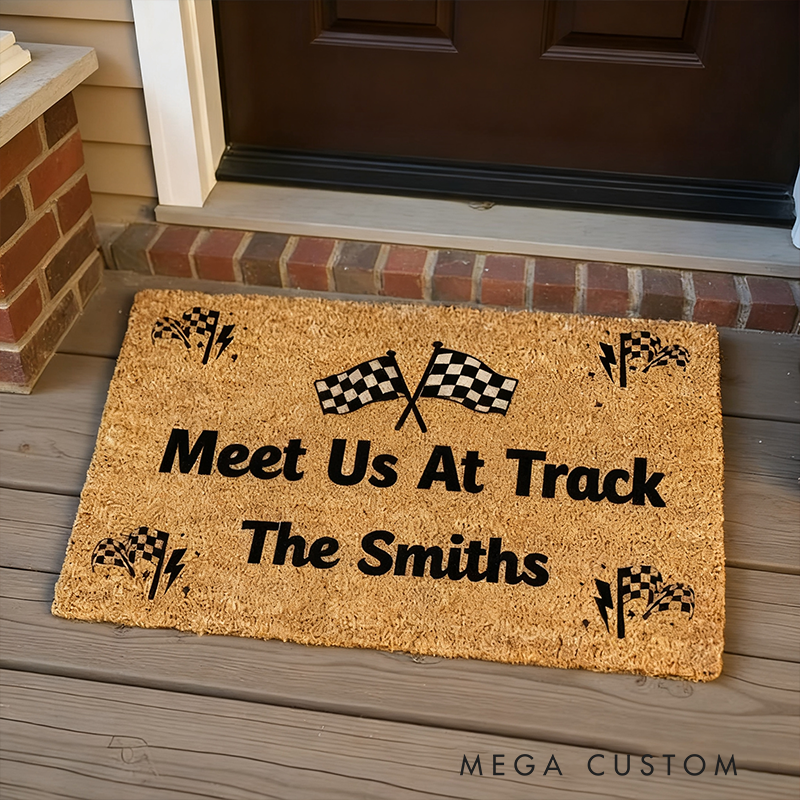 Personalized Racing Doormat Meet Us At The Track Custom Name Coir Mat Racetrack Decor for Car Lovers