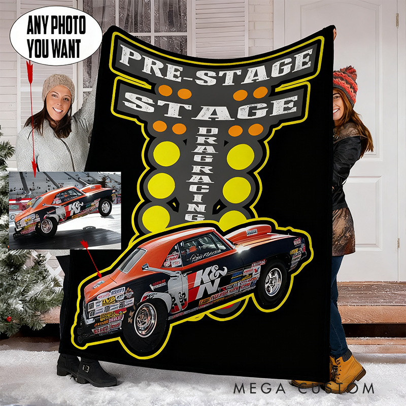 Personalized Drag Racing Blanket Custom Photo Christmas Tree Light Design Car Lover Gift