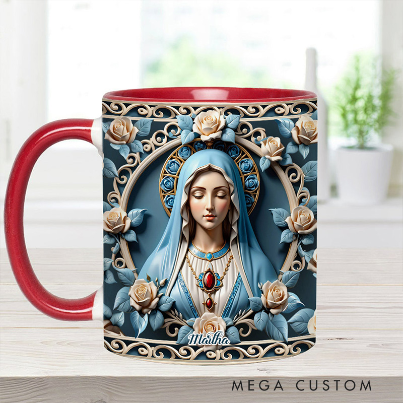 Personalized Mother of God Rosette Wreath Emblem Ceramic Mug with Name Religious Inspirational Gift Faith Gift Catholic Gift for Women