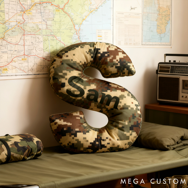 Personalized Camo Throw Pillow Initial Shaped Pillow Custom Throw Pillow with Name Military Style Pillow Gift for Men Boys Military Adventure-Themed Gifts