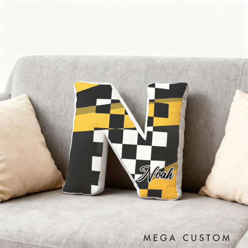 Personalized Racing Checkered Flag Initial Pillow with Custom Name Gift for Race Fans