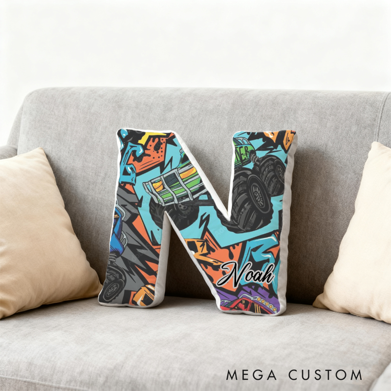 Personalized Graffiti Monster Truck Initial Pillow with Custom Name Gift for Truck Enthusiasts