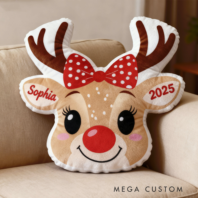 Personalized Cute Reindeer Face with Red Bow Custom Name and Year Soft Holiday Decoration Cozy Christmas Gift Plush  Graphic 3D Print Pillow