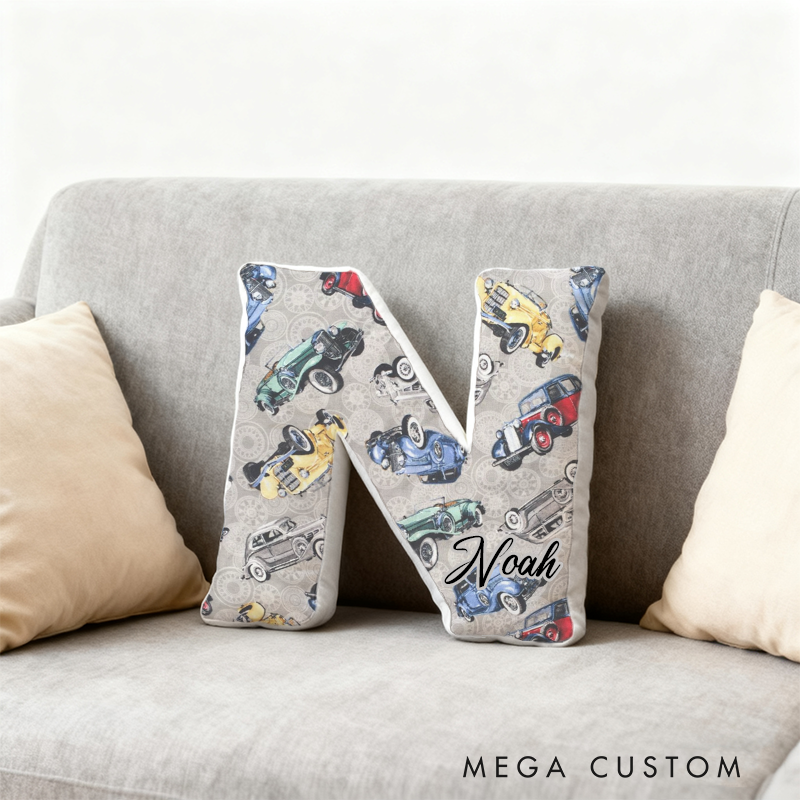 Personalized Vintage Car Initial Pillow with Custom Name Gift for Classic Car Lovers