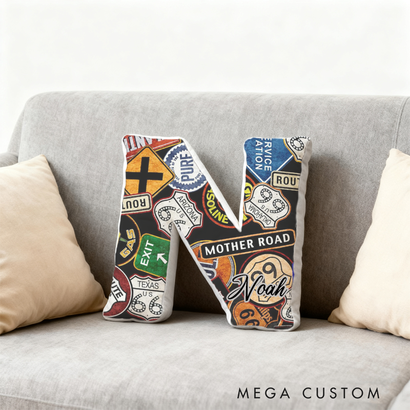 Personalized Route 66 Road Sign Initial Pillow with Custom Name Gift for Travel Enthusiasts