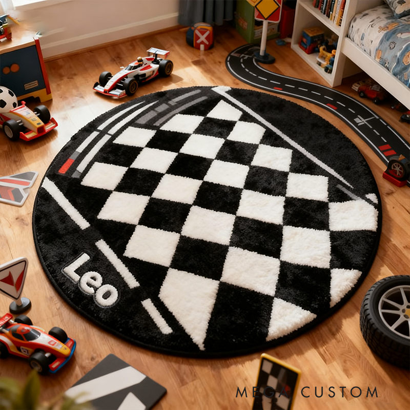 Personalized Racing Rug Custom Name Checkered Flag Round Carpet for Racing and Car Lovers Decor