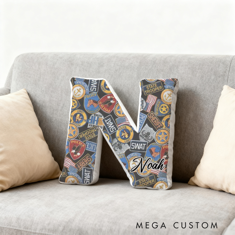Personalized Law Enforcement Badge Themed Initial Pillow with Custom Name Gift for Police Supporters