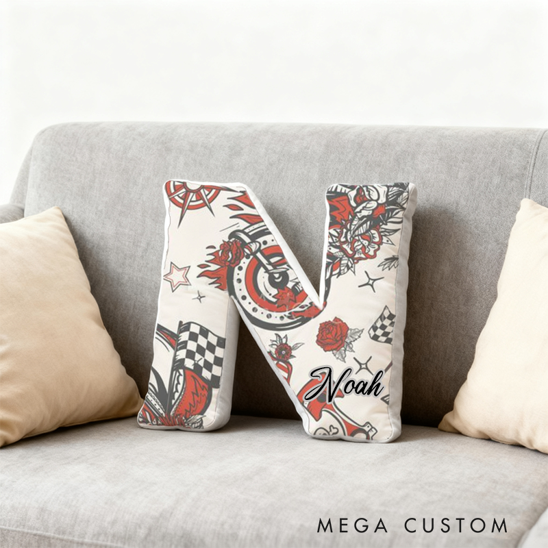 Personalized Racing Tattoo Inspired Initial Pillow with Custom Name Gift for Motorsport Fans