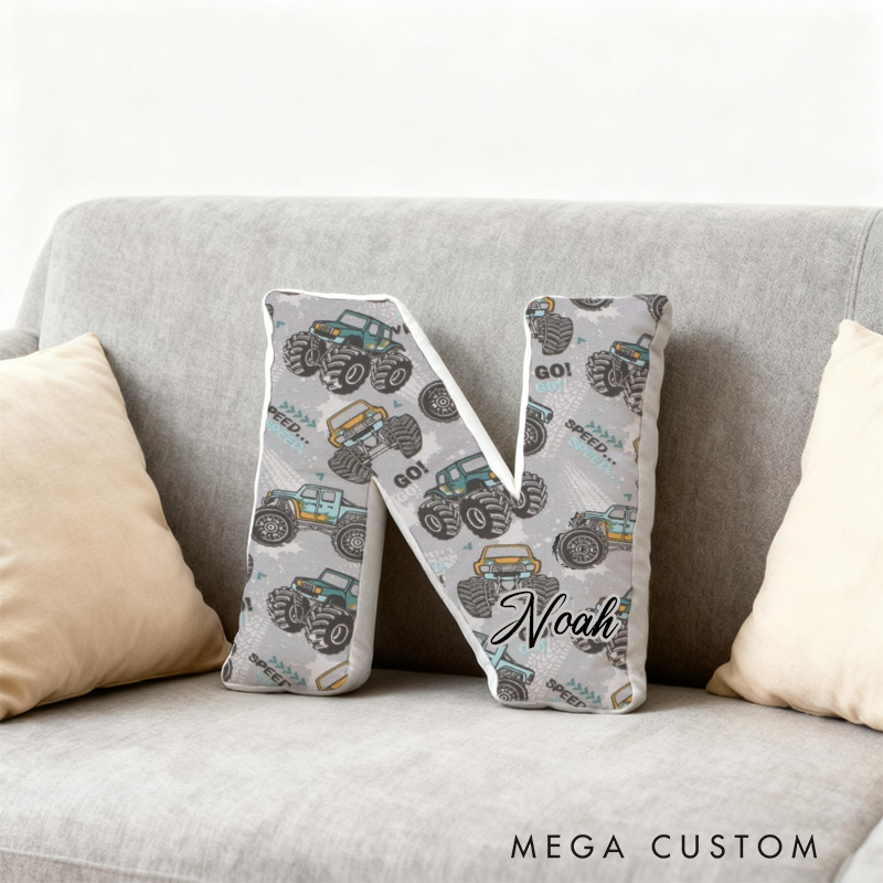 Personalized Monster Truck Racing Initial Pillow with Custom Name Gift for Truck Enthusiasts