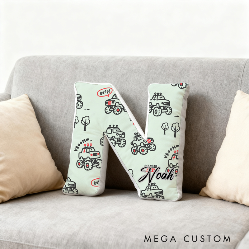 Personalized Cartoon Off Road Monster Truck Initial Pillow with Custom Name Gift for Truck Lover Kidss