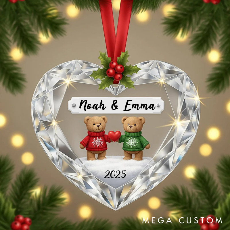 Personalized Faux Diamond Bear Couple 2D Flag Coustom Name Date Location Ornament Chrismas Decoration Gift for Husband Wife for Girfriend Boyfriend