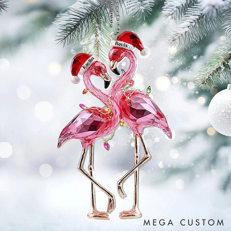 Personalized Faux Diamond Flamingo Couple 2D Flag Coustom Name Date Location Ornament Chrismas Decoration Gift for Husband Wife for Girfriend Boyfriend