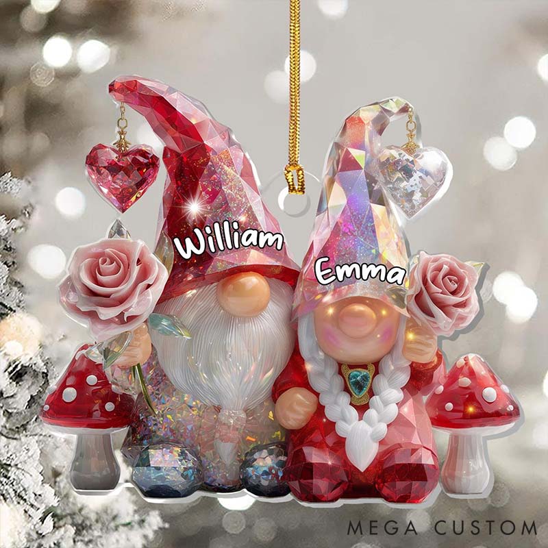 Personalized 2D Flat Printed Crystal Gnome Couple Acrylic Christmas Ornament Custom Newlywed Xmas Ornament Our First Christmas Gift for Him Her