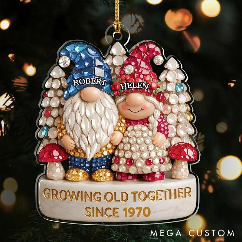Personalized Growing Old Together Since Faux Diamond Gnome Couple 2D Flag Ornament Chrismas Decoration Gift for Husband Wife for Girfriend Boyfriend