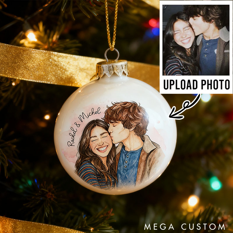 Personalized Couple Photo Portrait Christmas Ball Ornament Custom Newlyweds Watercolor Portrait First Christmas Ornament Christmas Gift for Him Her