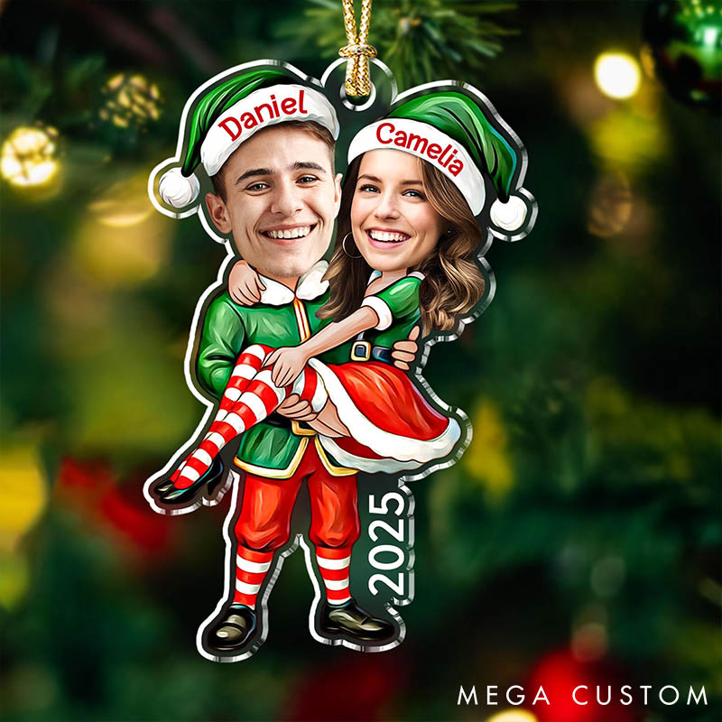 Personalized Couple Elf Photo Acrylic Christmas Ornament Custom Newlywed Name Xmas Ornament from Your Own Picture Our First Christmas Gift for Him Her