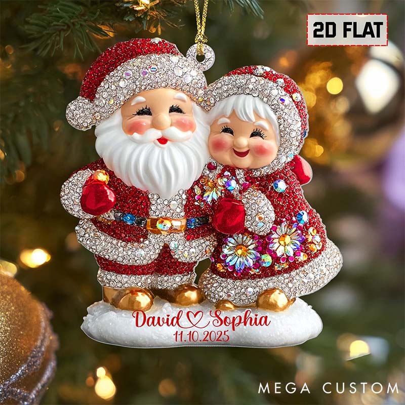 Personalized Santa and Mrs Claus Ornament Couple Christmas 2D Flat Acrylic Ornament Sparkly Rhinestone Holiday Gift Couple Wedding Xmas Decor