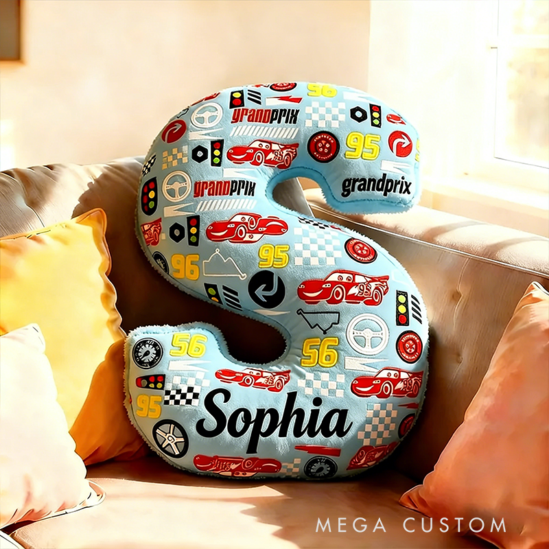 Personalized Racing Letter Pillow Custom Name Vehicle Pattern Alphabet Cushion Gift for Racers and Racing Fans