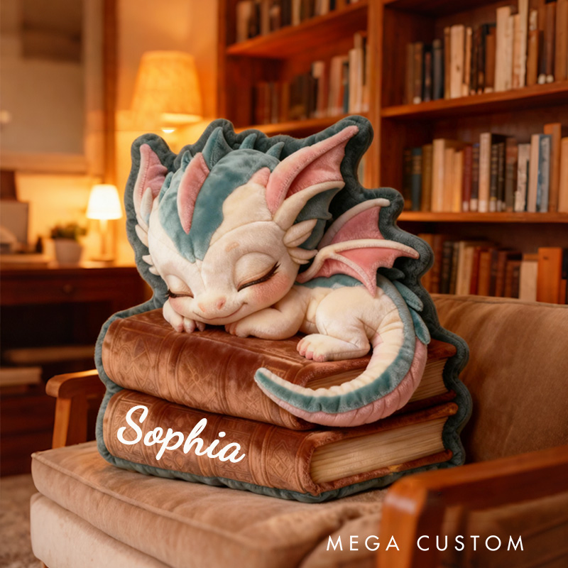 Personalized Sleeping Dragon and Book Throw Pillow Dragon Fantasy Bookish Pillow with Name for Kids Boy Girl Gift for Reading Lover Pillow
