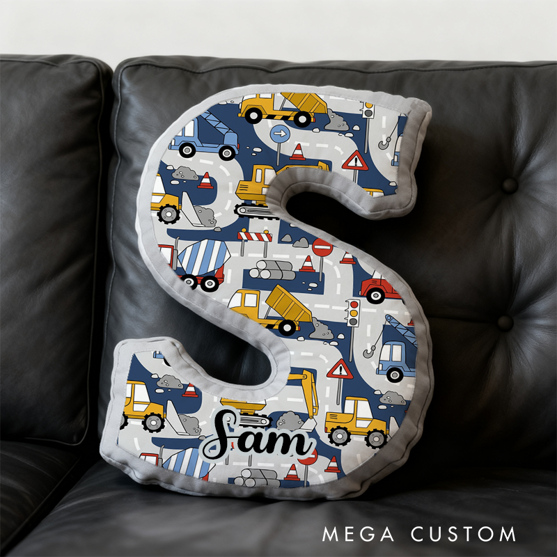 Personalized Construction Vehicle Alphabet Pillow with Custom Name Gift for Kids and Vehicle Fans