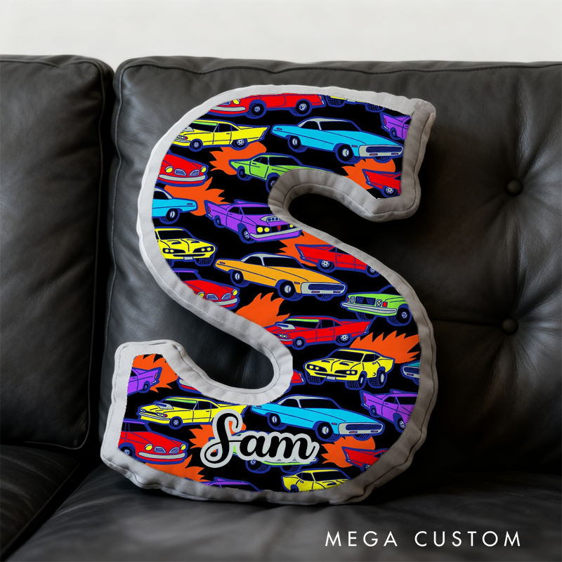 Personalized Racing Vehicle Themed Initial Pillow with Custom Name Gift for Kids and Vehicle Enthusiasts
