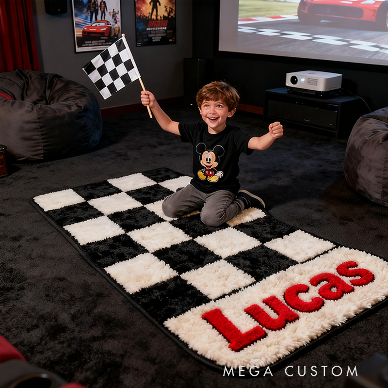 Personalized Racing Checkered Flag Rug Custom Name Black and White Carpet for Racers Room or Racing Fans