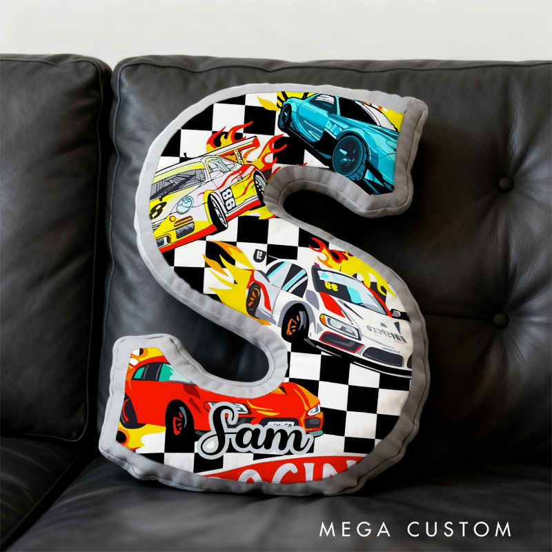 Personalized Racing Vehicle Themed Alphabet Pillow with Custom Name Gift for Kids and Vehicle Fans