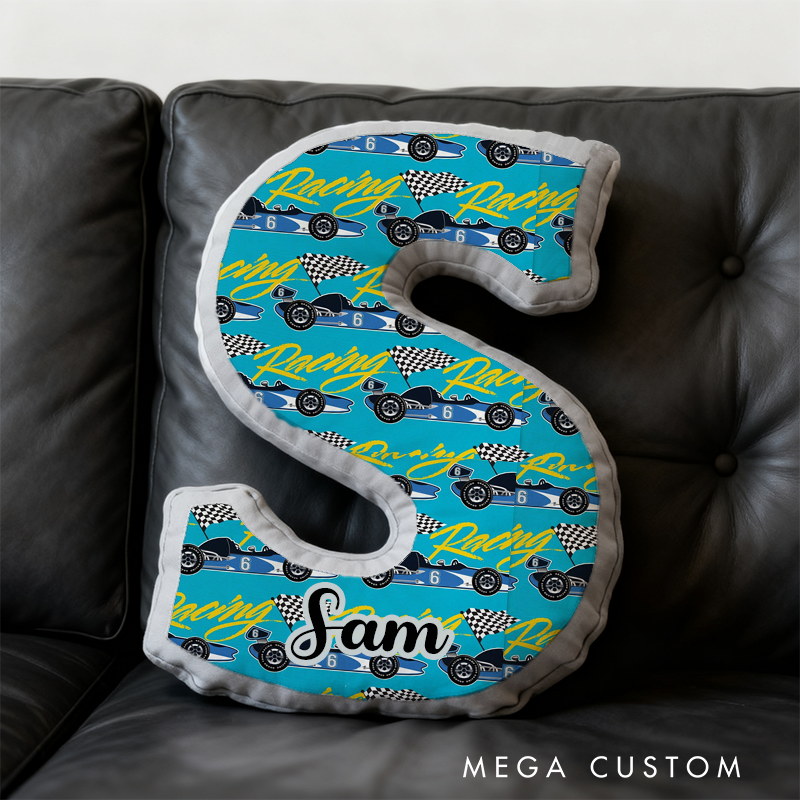Personalized Racing Vehicle Themed Alphabet Pillow with Custom Name Gift for Kids and Vehicle Enthusiasts