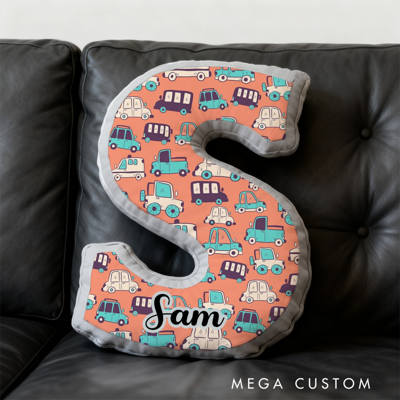 Personalized Cartoon Vehicle Themed Alphabet Pillow with Custom Name Gift for Kids