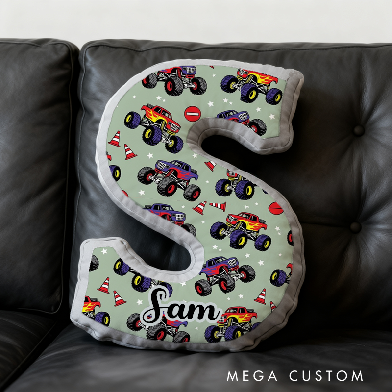 Personalized Monster Truck Vehicle Themed Alphabet Pillow with Custom Name Gift for Kids