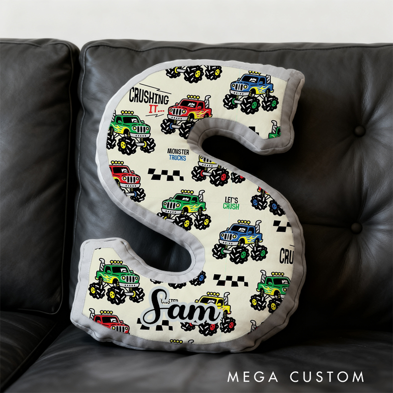 Personalized Monster Truck Vehicle Themed Alphabet Pillow with Custom Name Gift for Kids