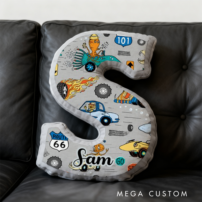Personalized Retro Vehicle Themed Alphabet Pillow with Custom Name Gift for Kids Vehicle Fans