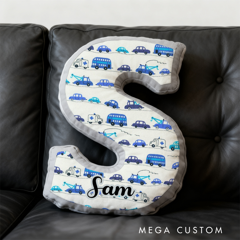 Personalized Blue Cartoon Vehicle Themed Alphabet Pillow with Custom Name Gift for Kids Vehicle Fans