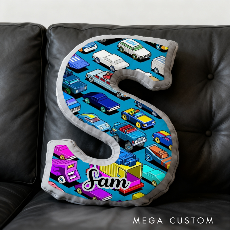 Personalized Colorful Vehicle Themed Alphabet Pillow with Custom Name Gift for Kids Vehicle Fans