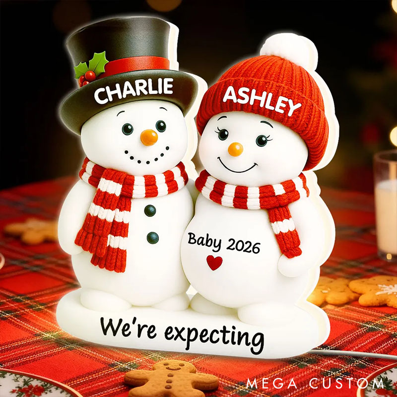 Personalized Couple Snowman Parents We're Expecting Pregnancy Baby Arriving Light Box Custom Night Light Decor Our First Christmas Gift for Him Her