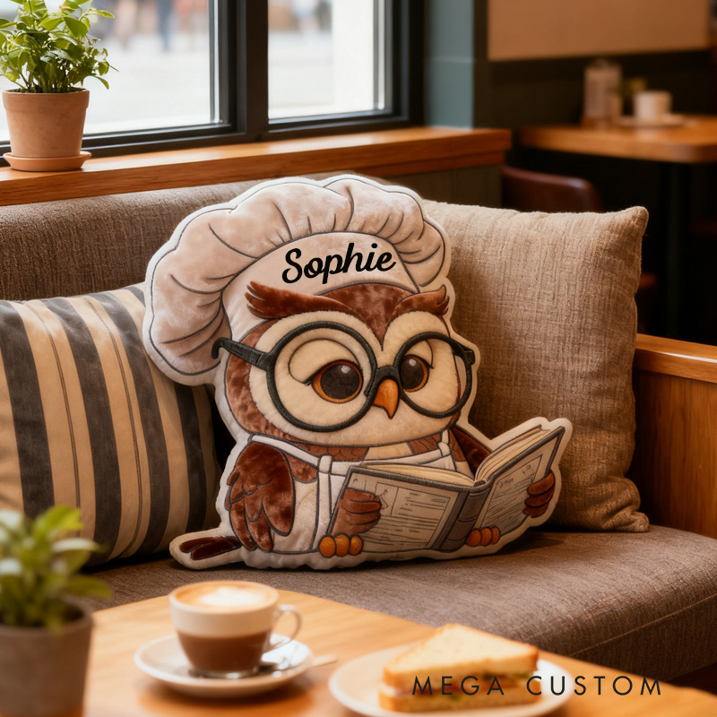 Personalized Reading Owl Throw Pillow Baking Owl Pillow Fantasy Bookish Pillow with Name for Kids Boy Girl Gift for Reading Lover Pillow