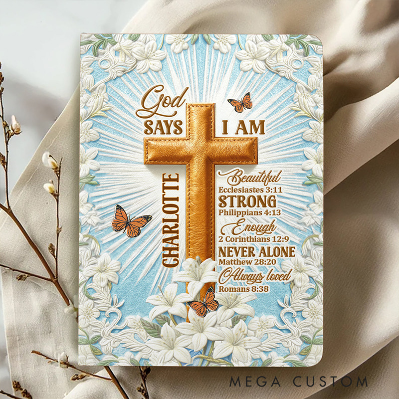 Personalized Floral God Says i am Leather Cover Notebook with Name Bible Study Notes Religious Gift for Christians Birthday Gift for Women