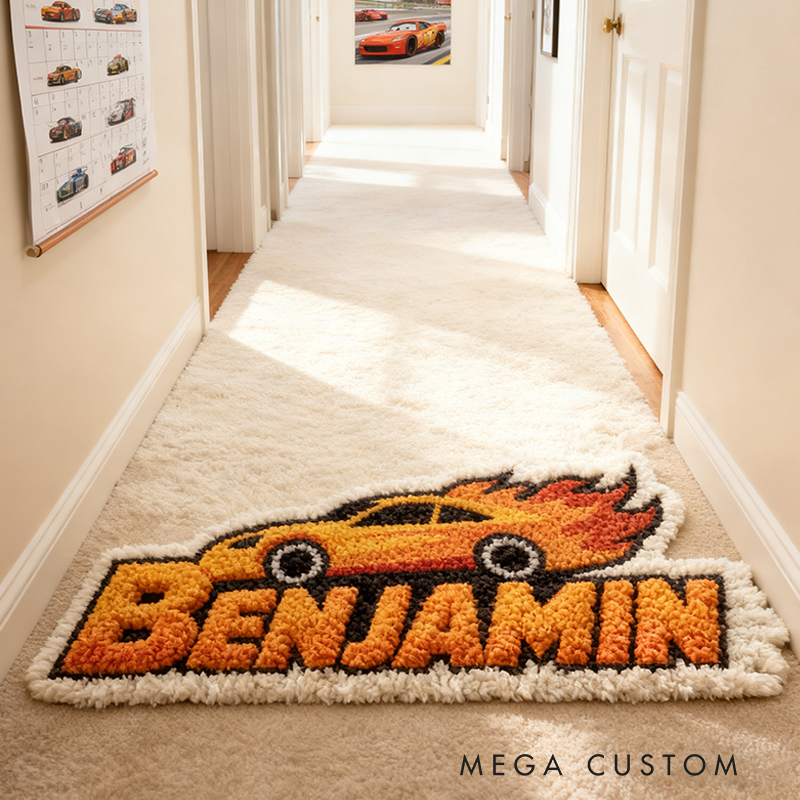 Personalized Racing Flame Shaped Rug Custom Text Sports Car Carpet for Racers and Motorsport Families