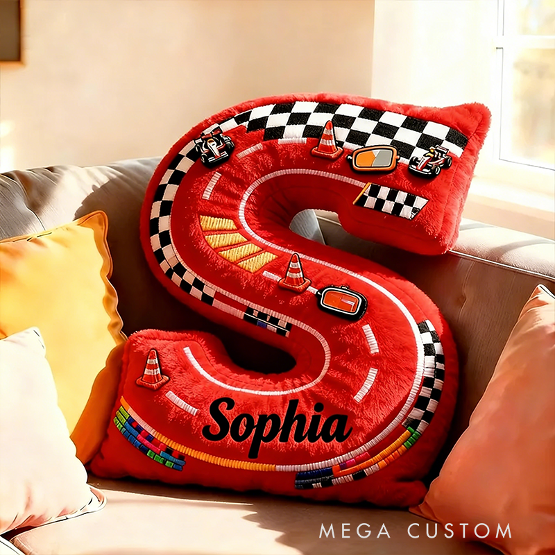 Personalized Racing Letter Pillow Custom Name 3D Graphic Print Race Track Alphabet Cushion for Racers and Motorsport Fans