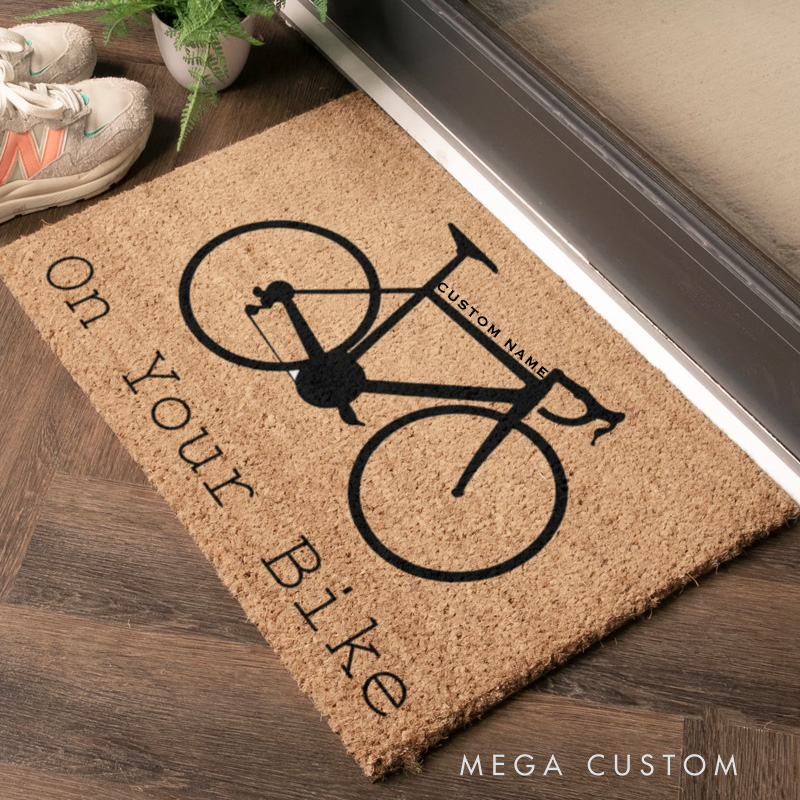 Personalized On Your Bike Doormat Mat Welcome Mat Natural Coir Bike Lover Gift Custom Coir Doormat for Racer Biker Rider Cycling Riding Lovers