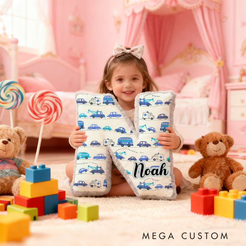 Personalized Blue Cartoon Vehicle Themed Alphabet Pillow with Custom Name Gift for Kids Vehicle Fans