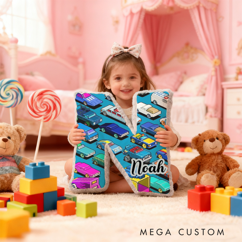 Personalized Colorful Vehicle Themed Alphabet Pillow with Custom Name Gift for Kids Vehicle Fans
