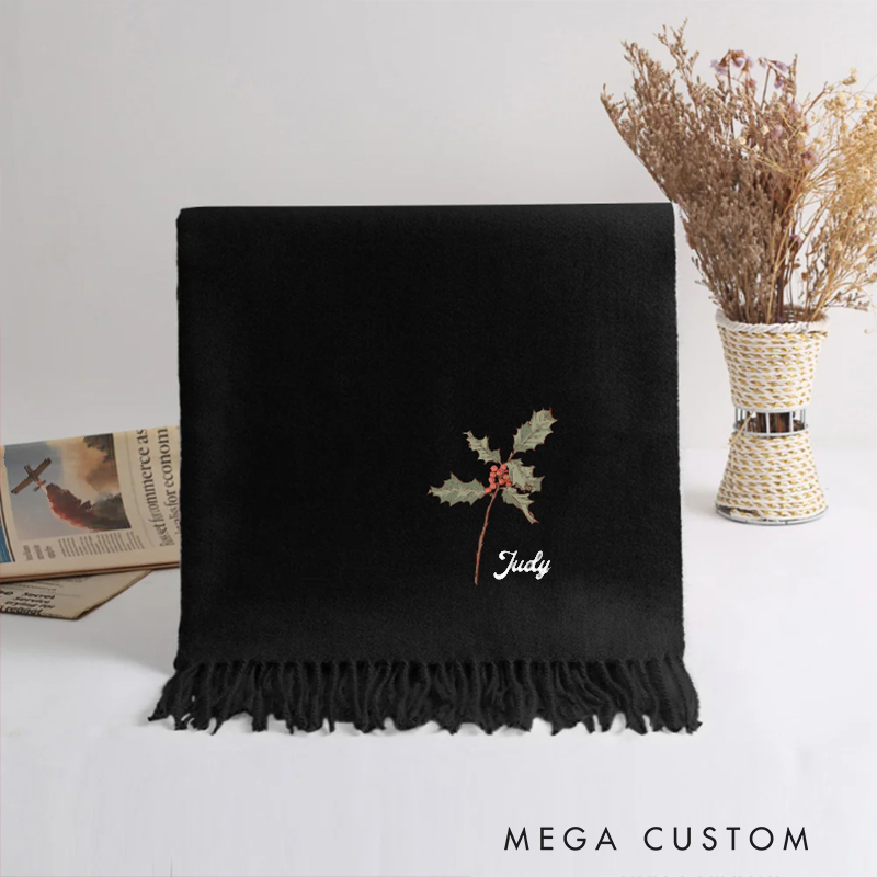 Personalized Birth Flower Soft Warm Tassel Scarf with Name Winter Accessory Anniversary Birthday Gifts
