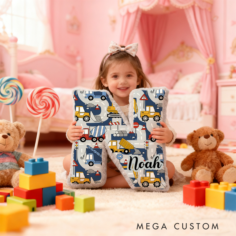 Personalized Construction Vehicle Alphabet Pillow with Custom Name Gift for Kids and Vehicle Fans