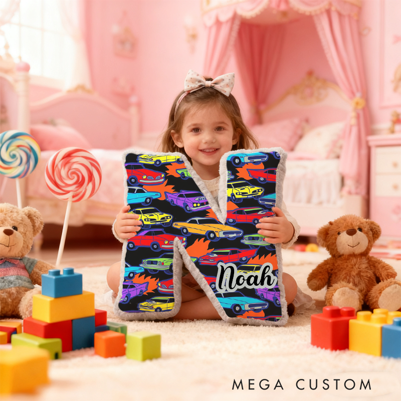 Personalized Racing Vehicle Themed Initial Pillow with Custom Name Gift for Kids and Vehicle Enthusiasts