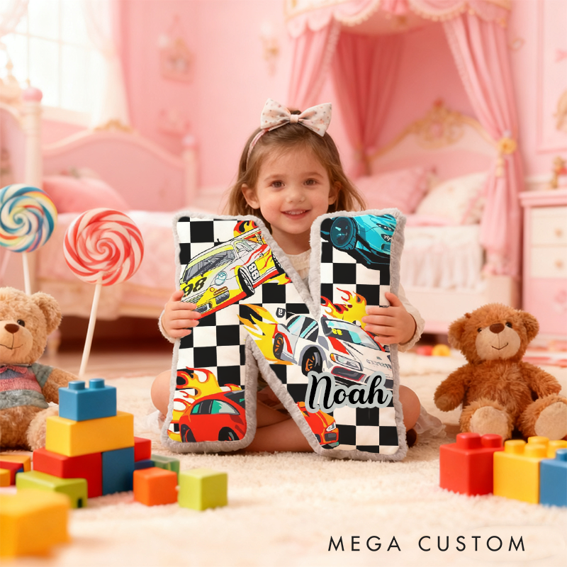 Personalized Racing Vehicle Themed Alphabet Pillow with Custom Name Gift for Kids and Vehicle Fans