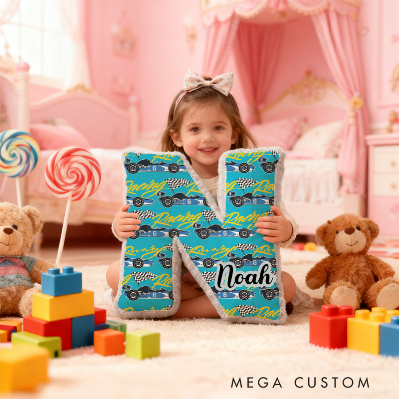 Personalized Racing Vehicle Themed Alphabet Pillow with Custom Name Gift for Kids and Vehicle Enthusiasts
