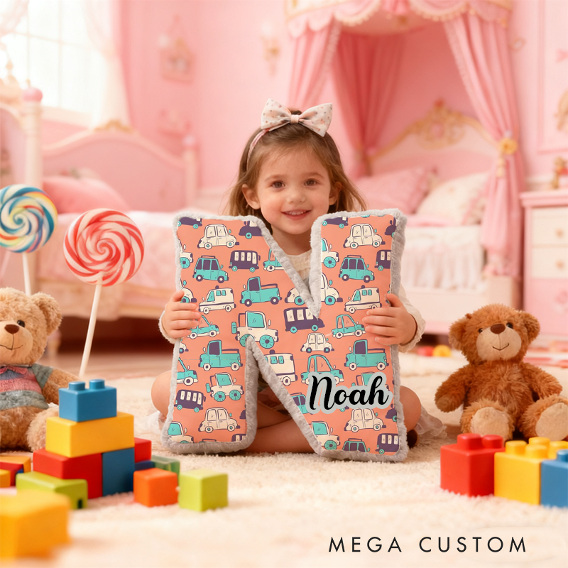 Personalized Cartoon Vehicle Themed Alphabet Pillow with Custom Name Gift for Kids