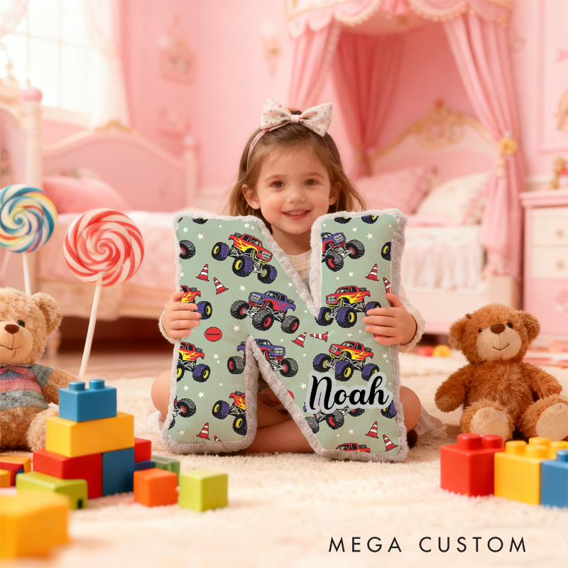 Personalized Monster Truck Vehicle Themed Alphabet Pillow with Custom Name Gift for Kids